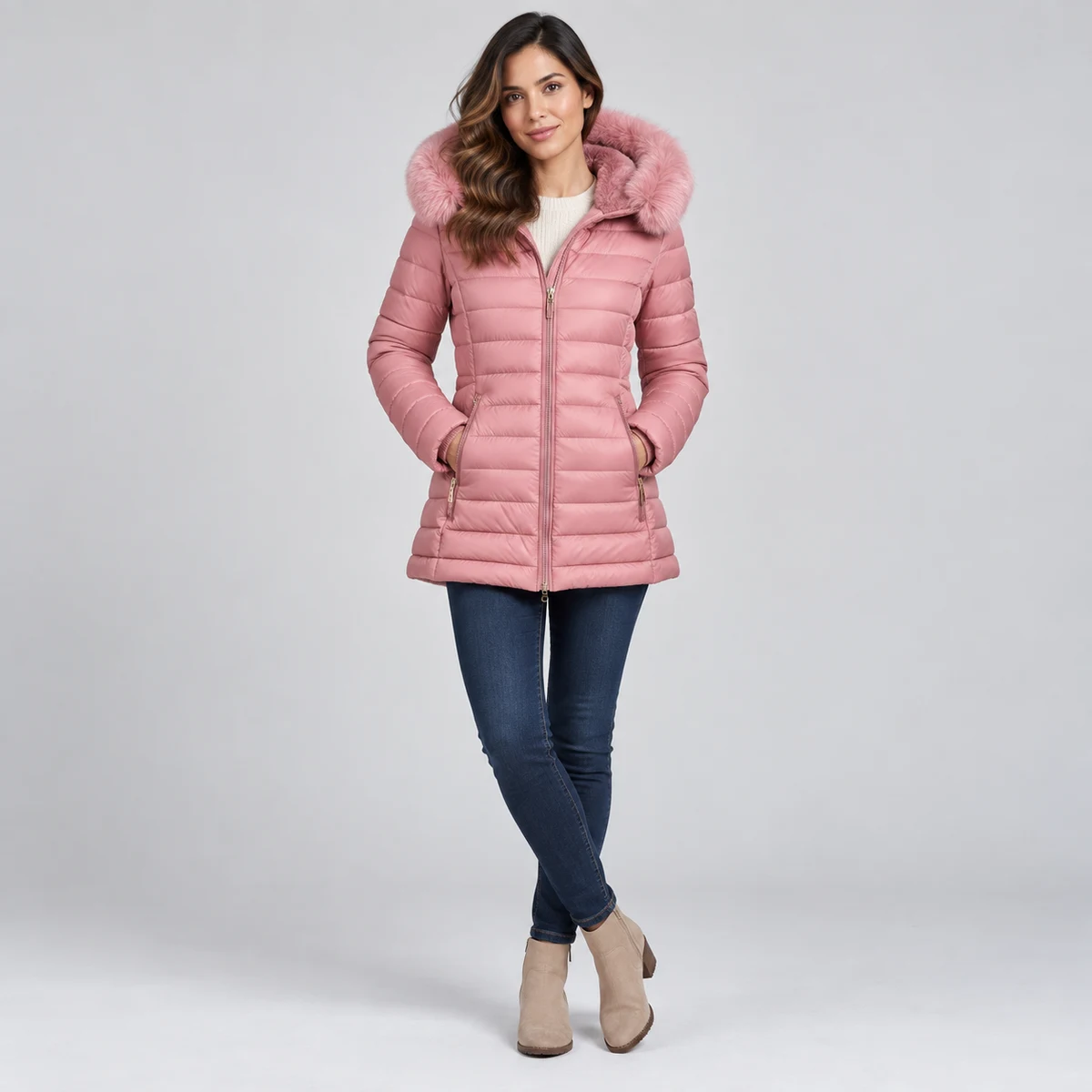 Women's Faux Fur Hooded Lightweight Padded Jacket - 927B