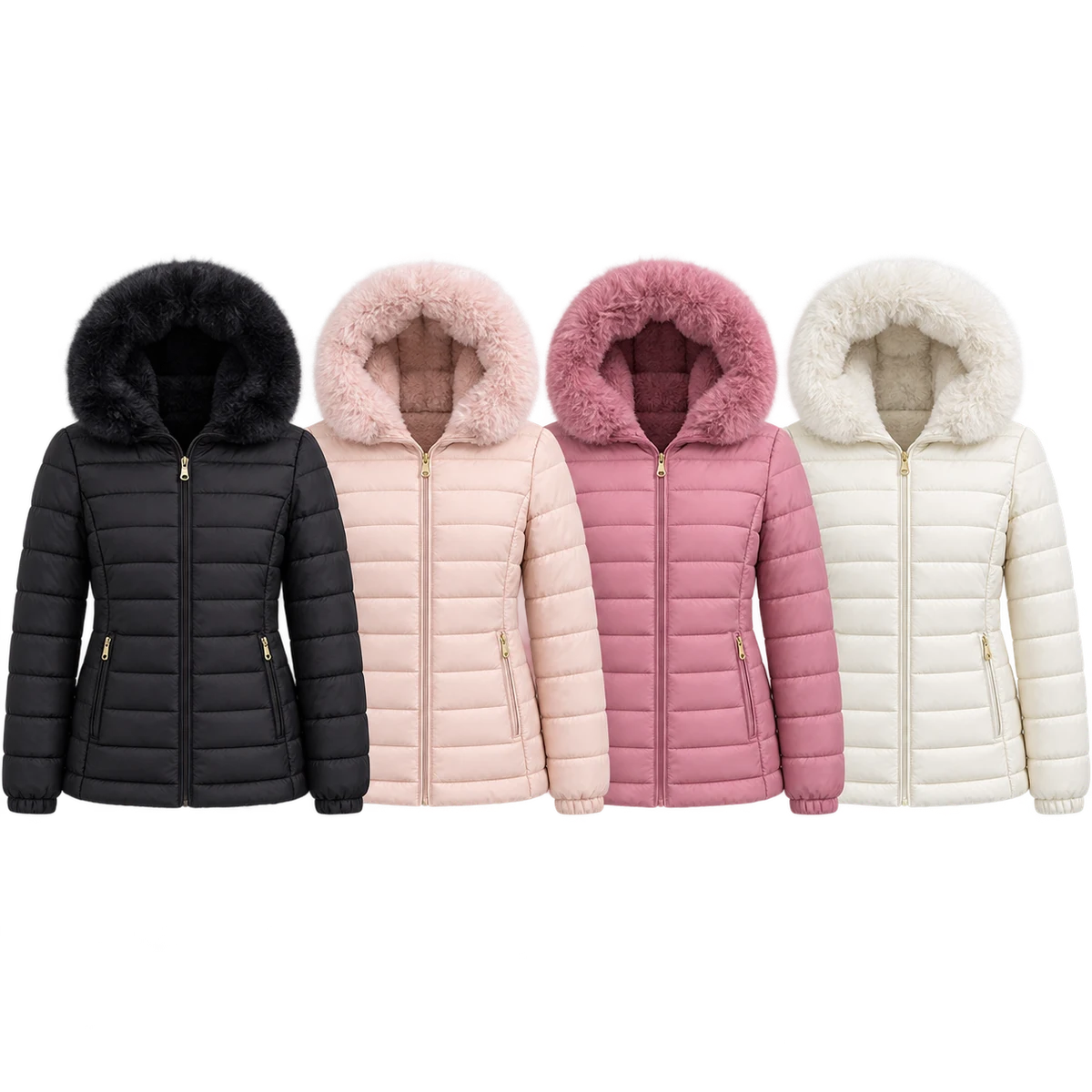 Women's Faux Fur Hooded Lightweight Padded Jacket - 927B