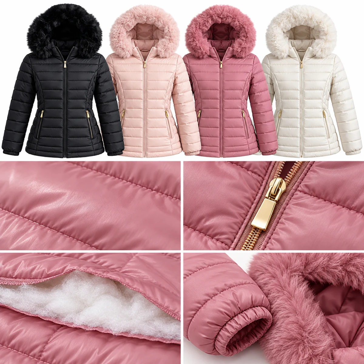 Women's Faux Fur Hooded Lightweight Padded Jacket - 927B