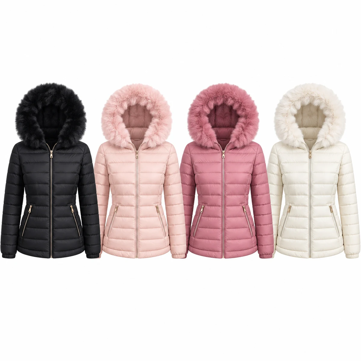 Women's Faux Fur Hooded Lightweight Padded Jacket - 927B