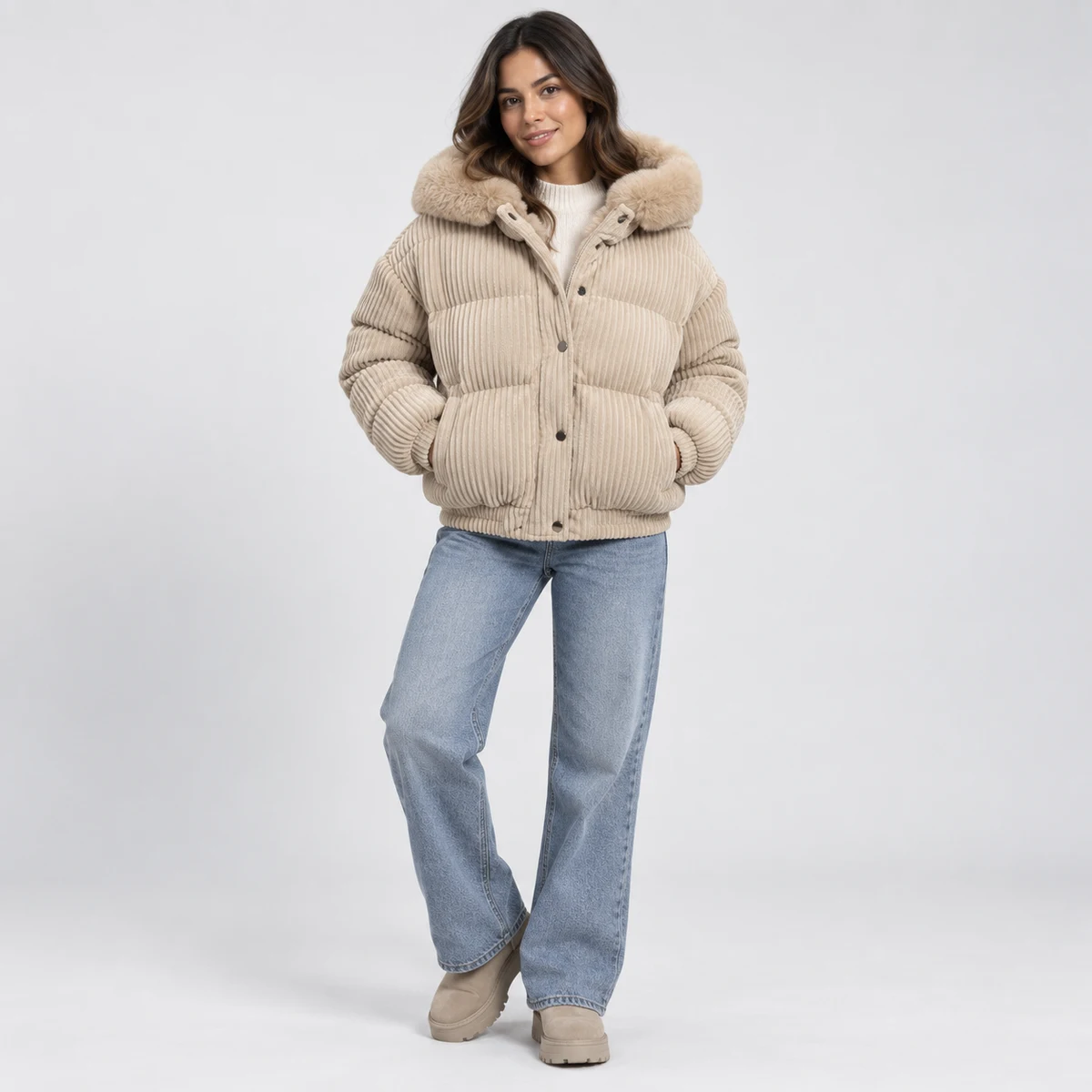 Women's Faux Fur Corduroy Padded Jacket - 928E