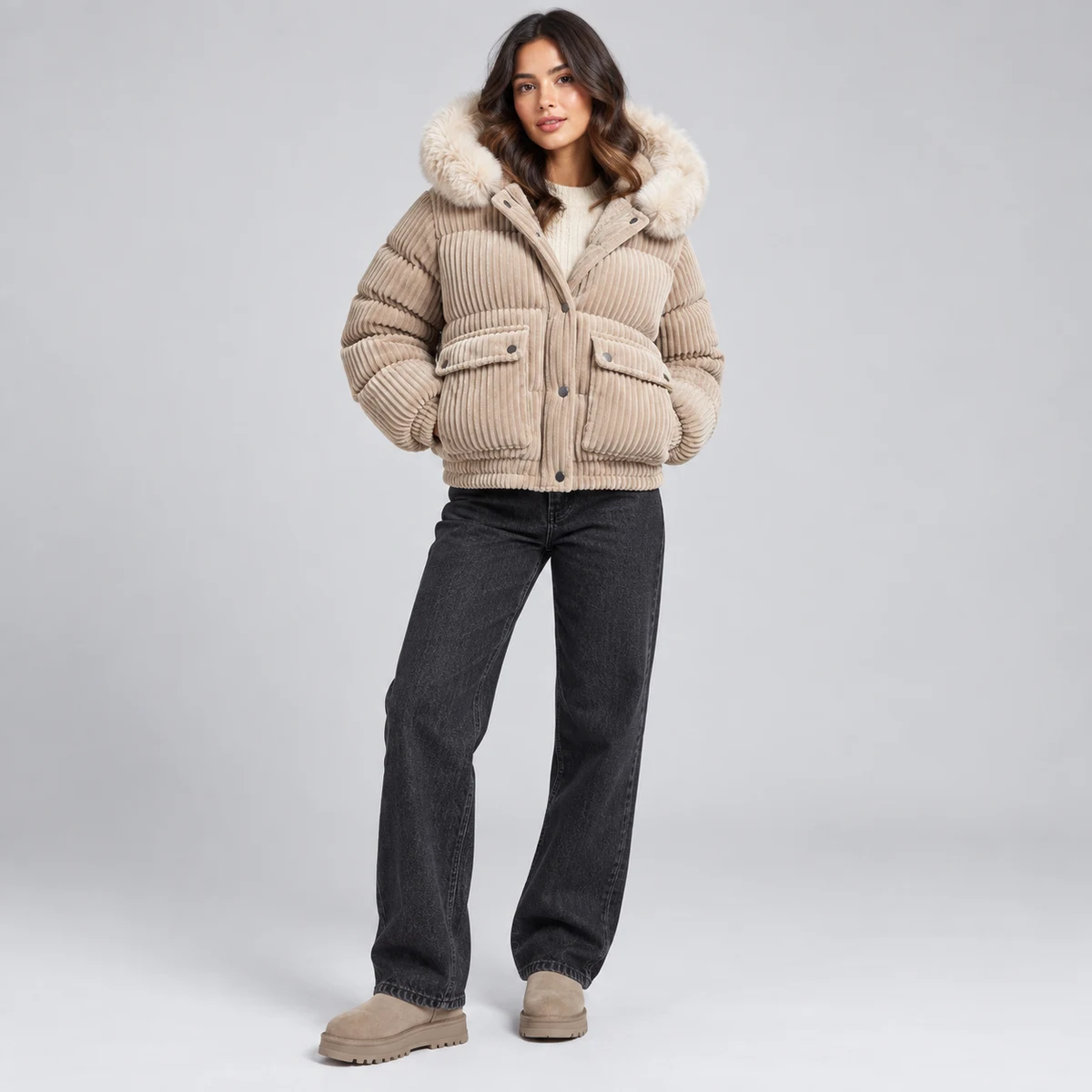 Women's Faux Fur Corduroy Padded Jacket - 928F