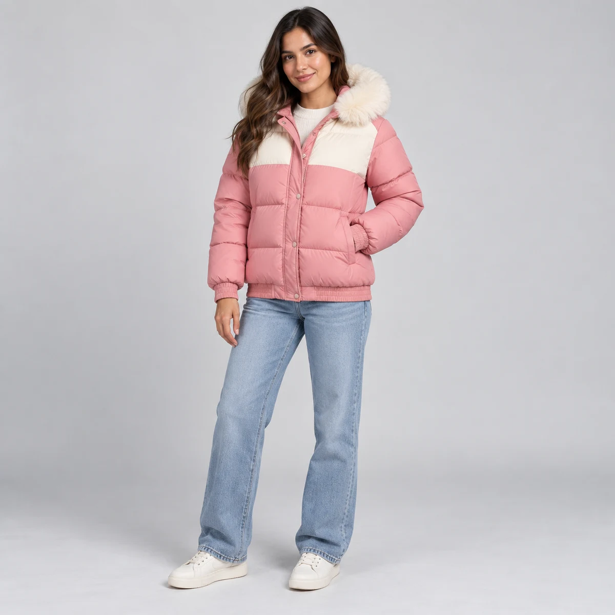 Women's Faux Fur Colorblock Padded Jacket - AD818C