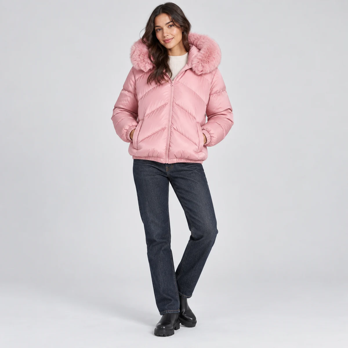 Women's Faux Fur Hooded Padded Jacket - AD929D