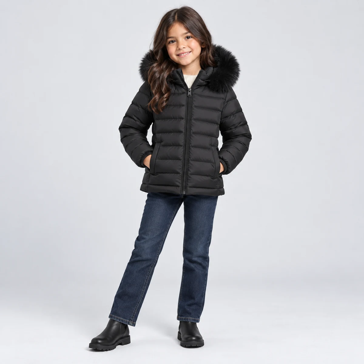 Girls' Faux Fur Hooded Padded Jacket - B256