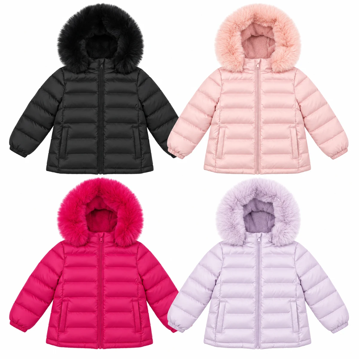 Girls' Faux Fur Hooded Padded Jacket - B256