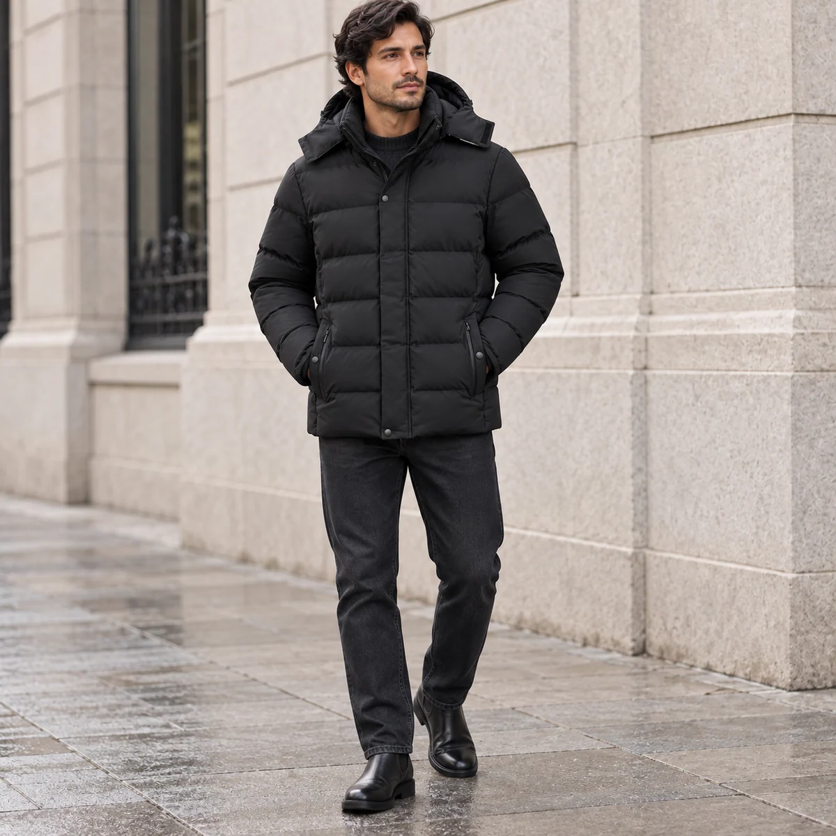 Men's Hooded Storm-Placket Padded Jacket - HL249