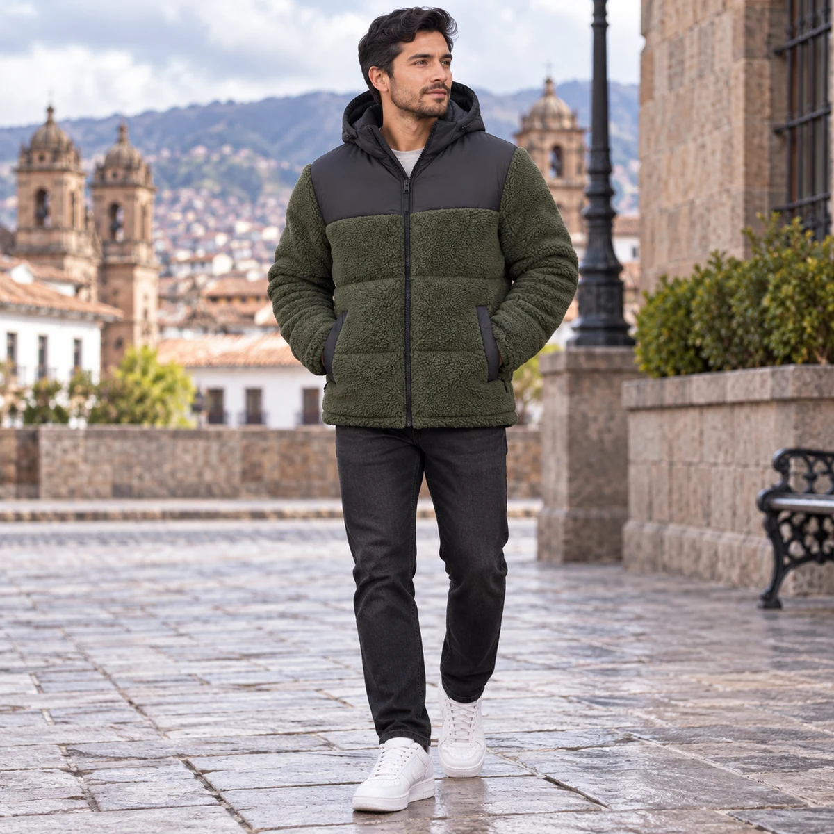 Men's Hybrid Fleece-Panel Hooded Padded Jacket - 2606