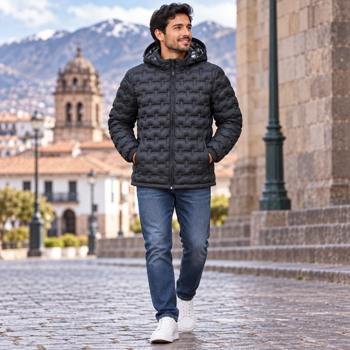 Men's Textured Hooded Padded Jacket - 8528B