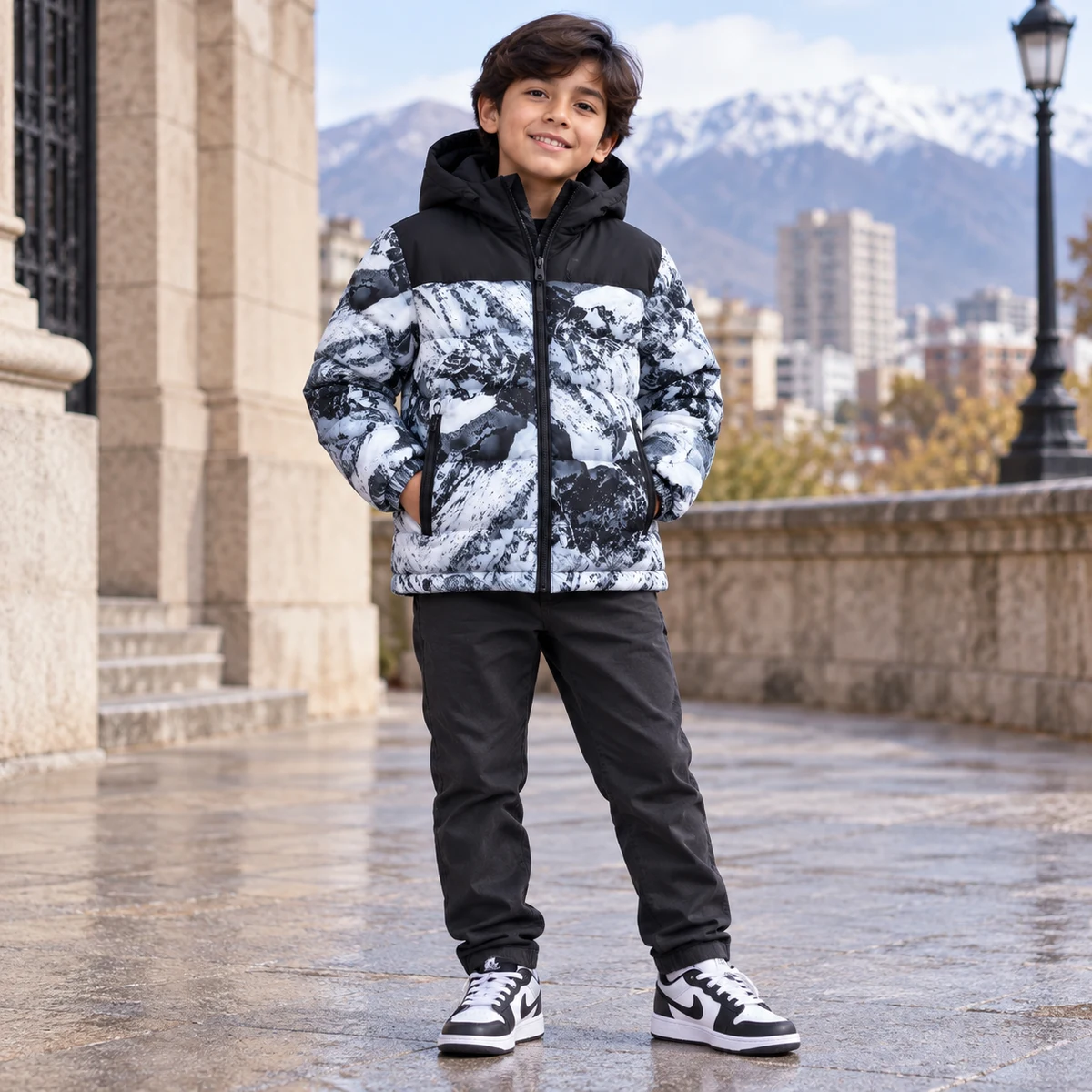 Kids' Mountain-Print Hooded Padded Jacket - B001C