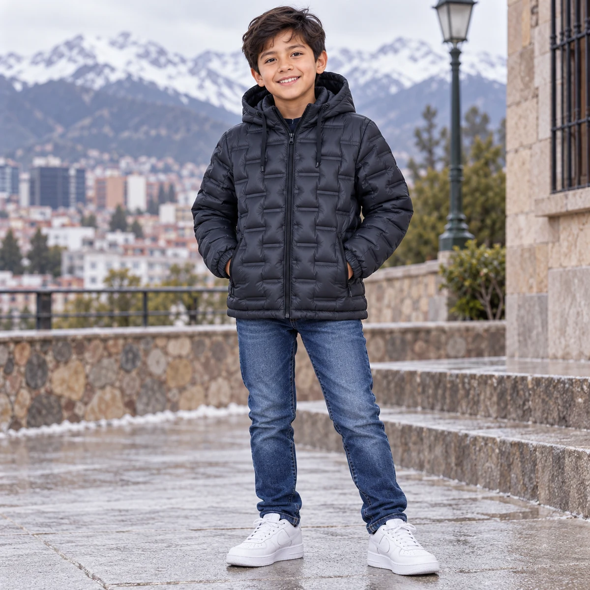 Kids' Textured Hooded Padded Jacket - B2605