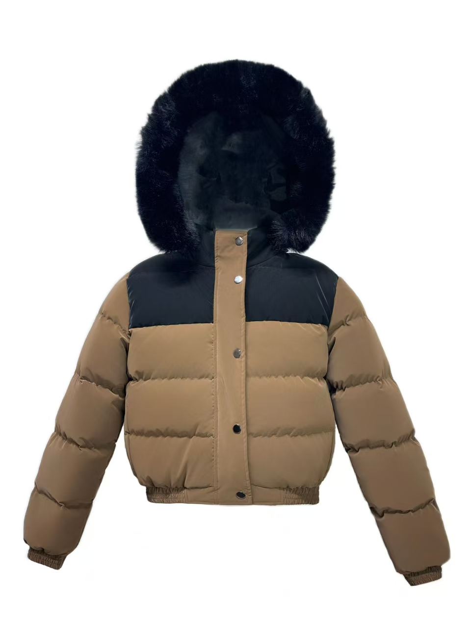 Unisex Colorblock Faux Fur Hooded Short Padded Jacket