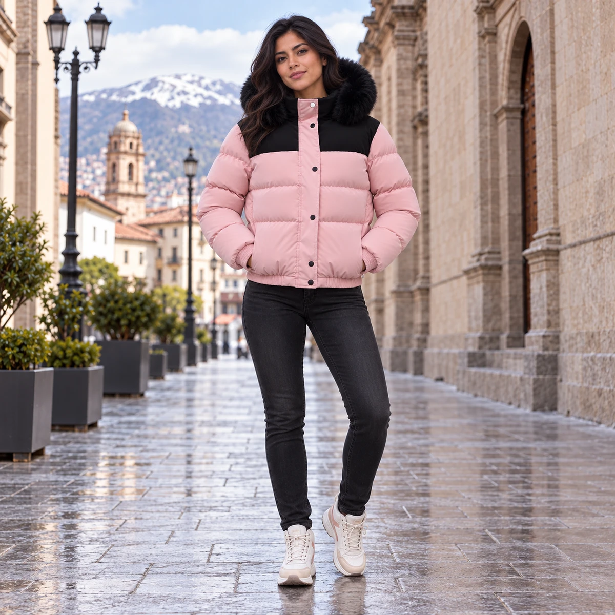 Unisex Colorblock Faux Fur Hooded Short Padded Jacket, style NEW2026-1