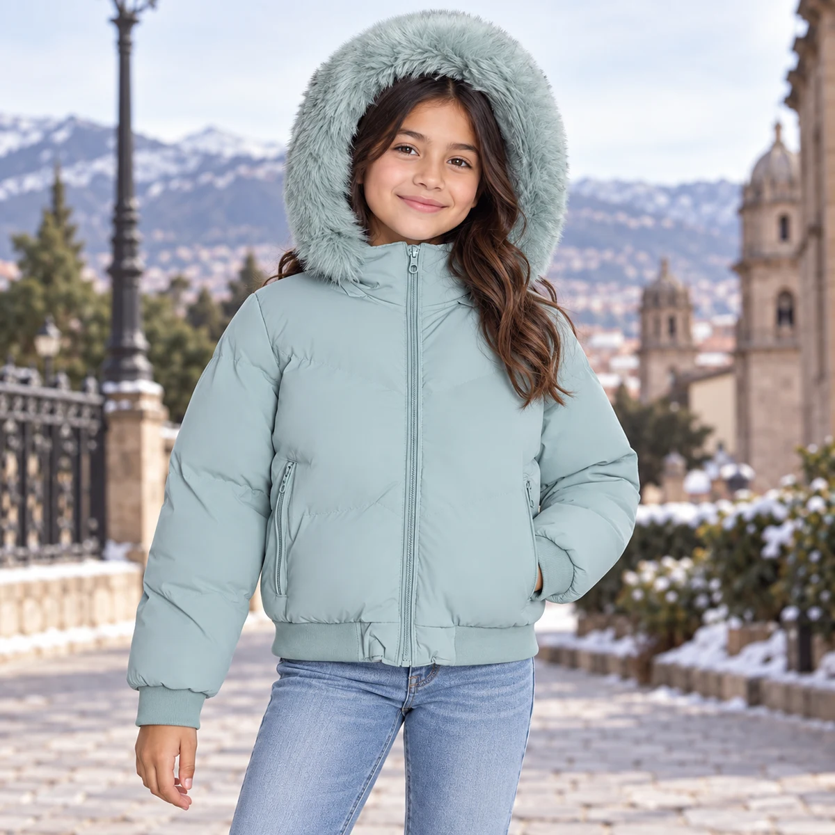 Girls' Faux Fur Hooded Short Padded Jacket