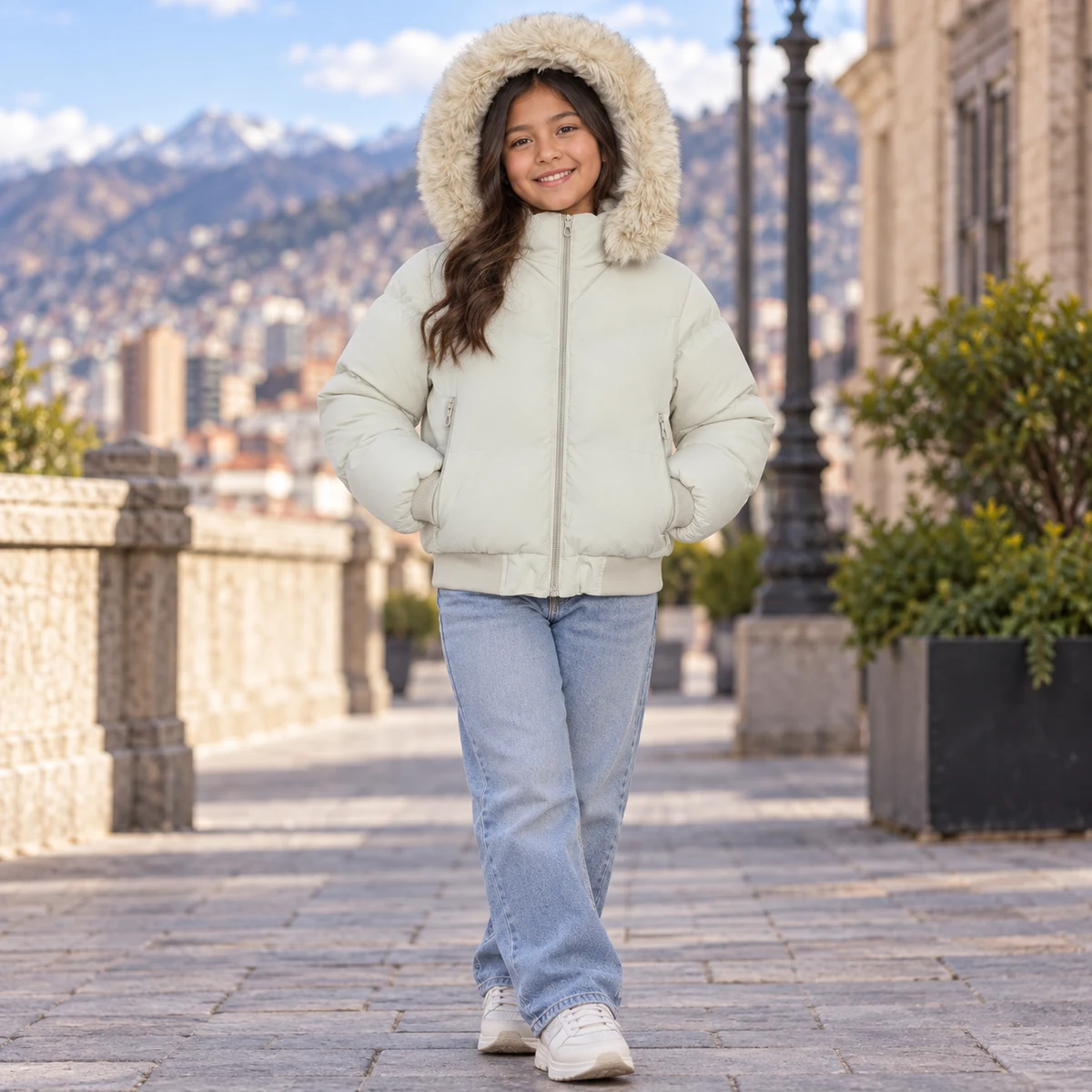 Girls' Faux Fur Hooded Short Padded Jacket, style NEW2026-10