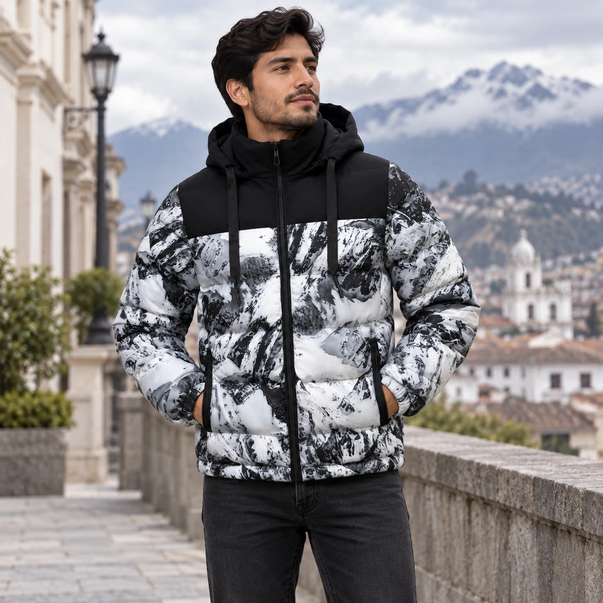 Men's Mountain Print Hooded Padded Jacket, style NEW2026-11