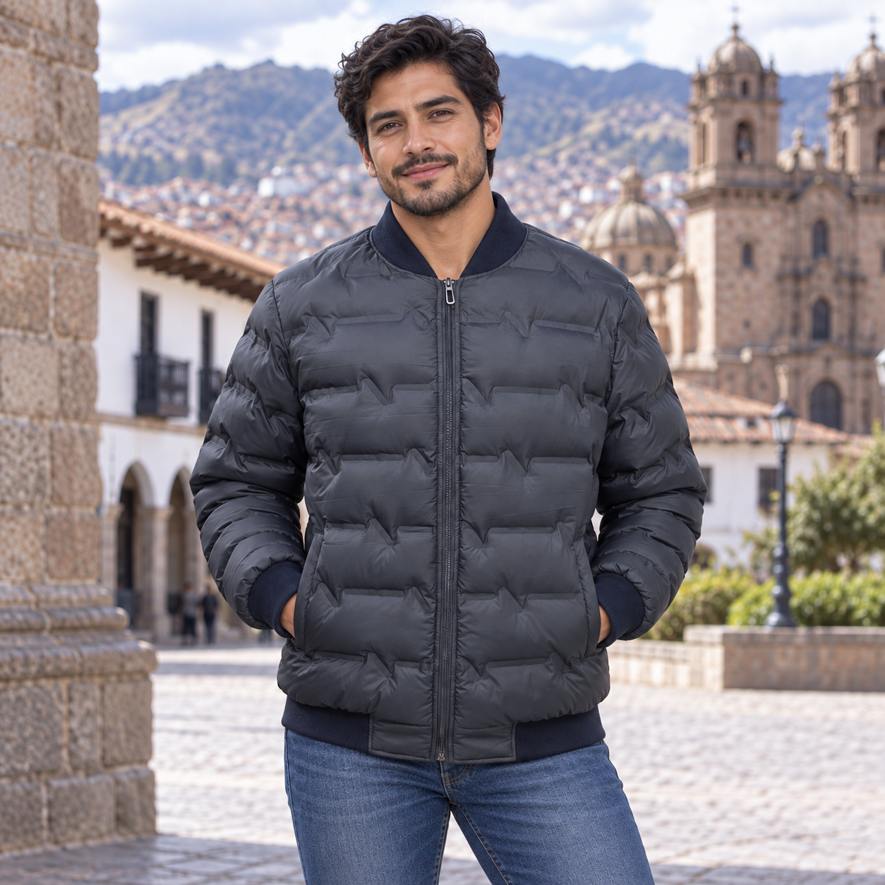 Men's Geometric Quilted Hooded Padded Jacket, style NEW2026-12