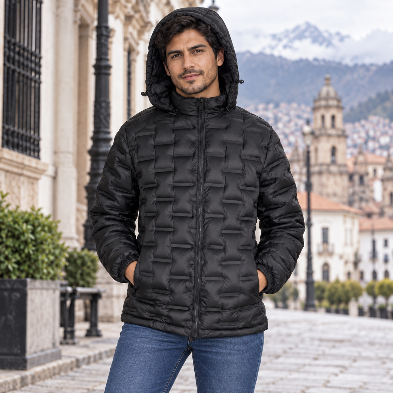 Men's Geometric Quilted Hooded Padded Jacket