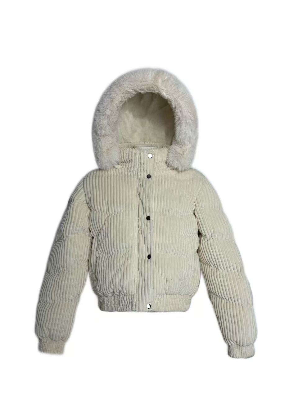 Women's Corduroy Faux Fur Hooded Padded Jacket