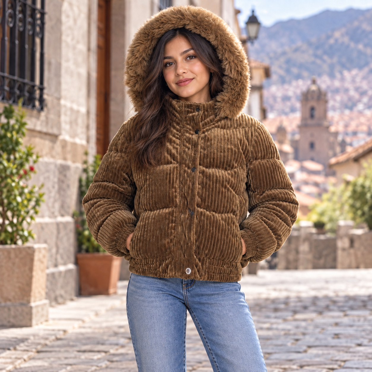 Women's Corduroy Faux Fur Hooded Padded Jacket