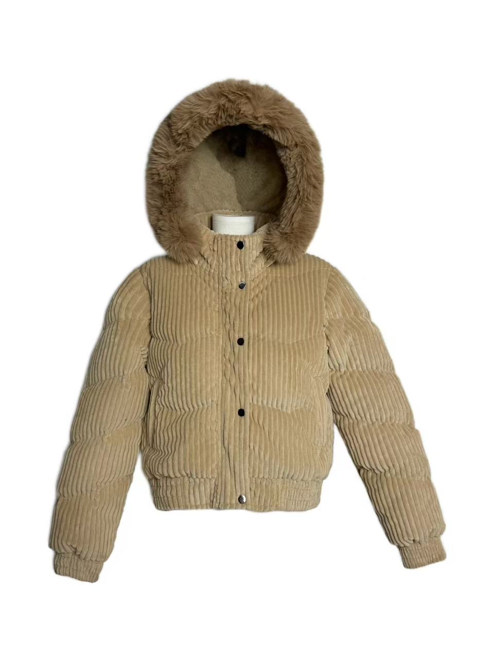 Women's Corduroy Faux Fur Hooded Padded Jacket