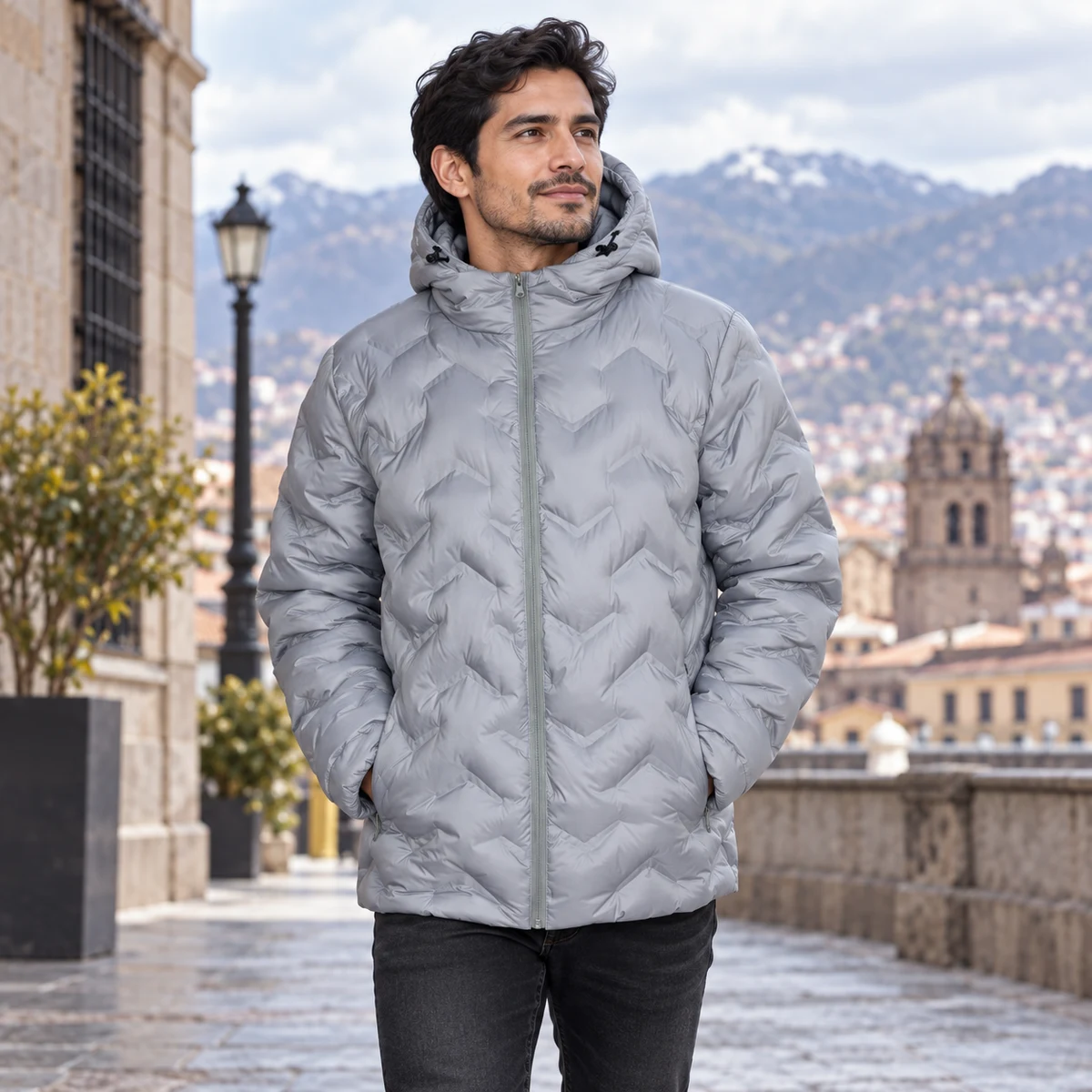 Men's Wave Quilted Hooded Lightweight Padded Jacket, style NEW2026-7