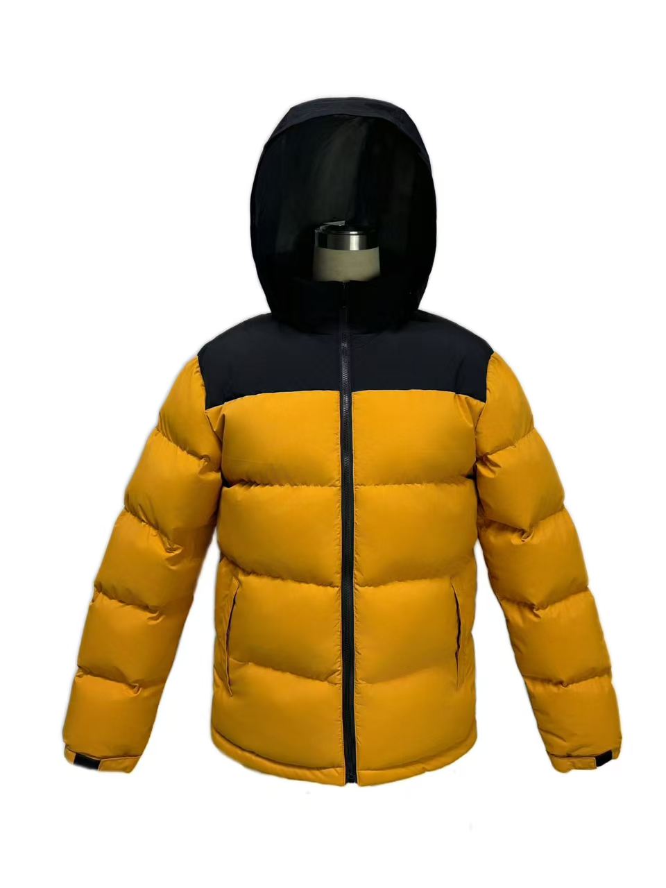 Front view of SunCheer Apparel men's yellow and black hooded padded jacket