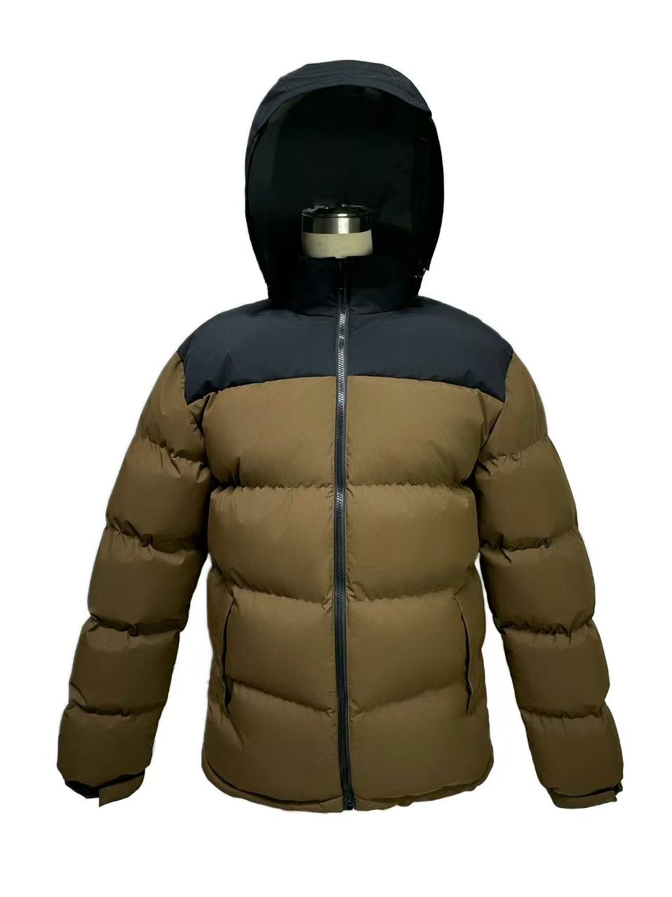 Front view of SunCheer Apparel men's yellow and black hooded padded jacket