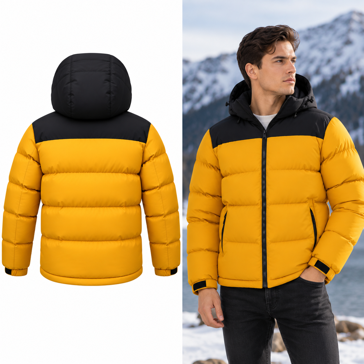 Male model wearing SunCheer Apparel yellow and black hooded padded jacket