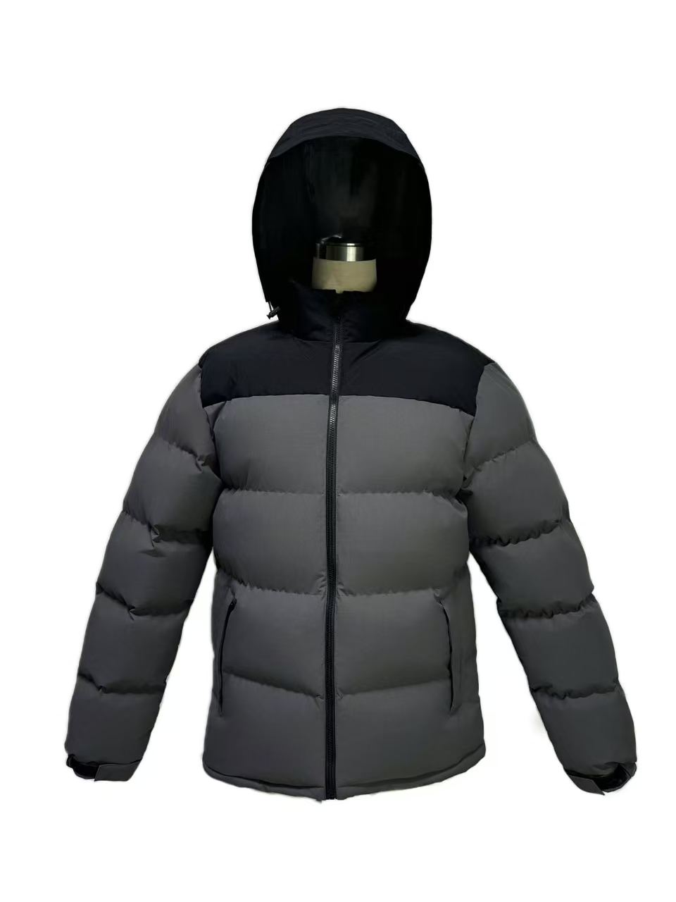 Front view of SunCheer Apparel men's yellow and black hooded padded jacket