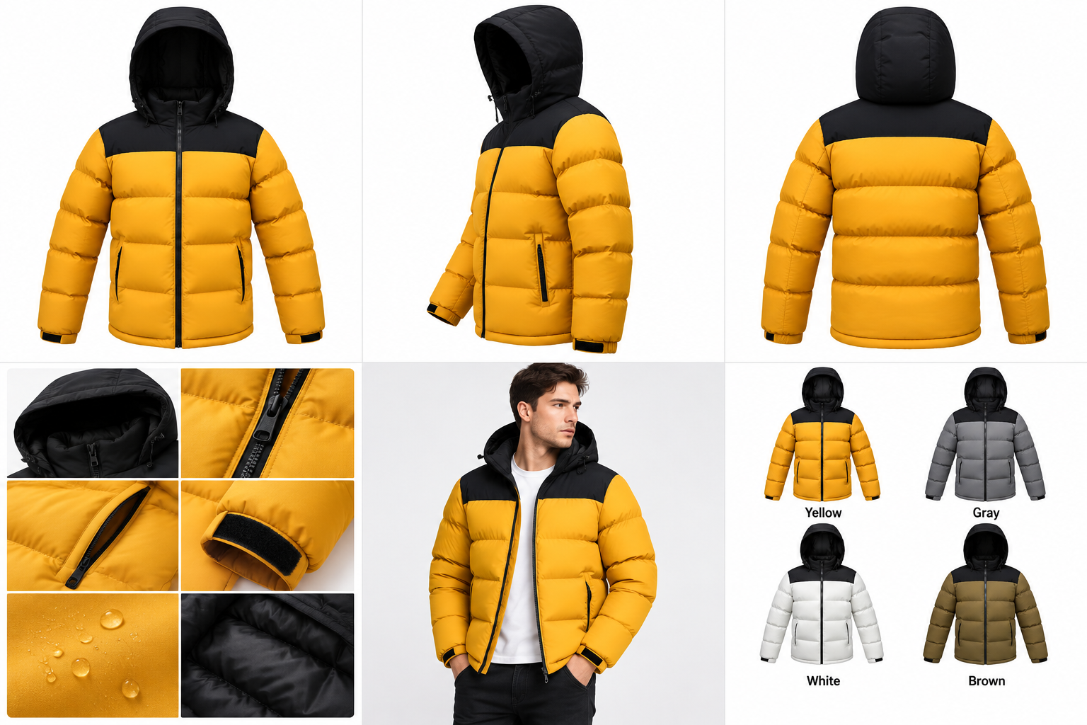 Detail view of SunCheer Apparel men's hooded padded jacket showing fabric, zipper, pocket and cuff construction